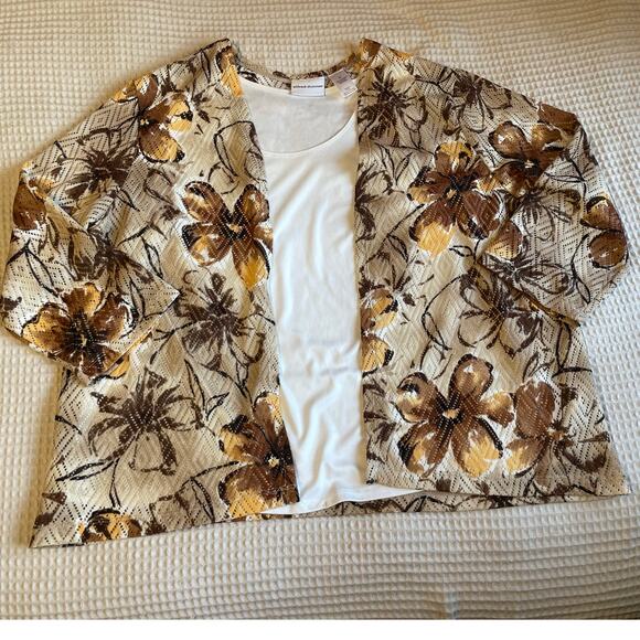 Alfred Dunner Floral Boho Open Front Mesh Cardigan Attached Cami White Brown XL - Picture 11 of 11